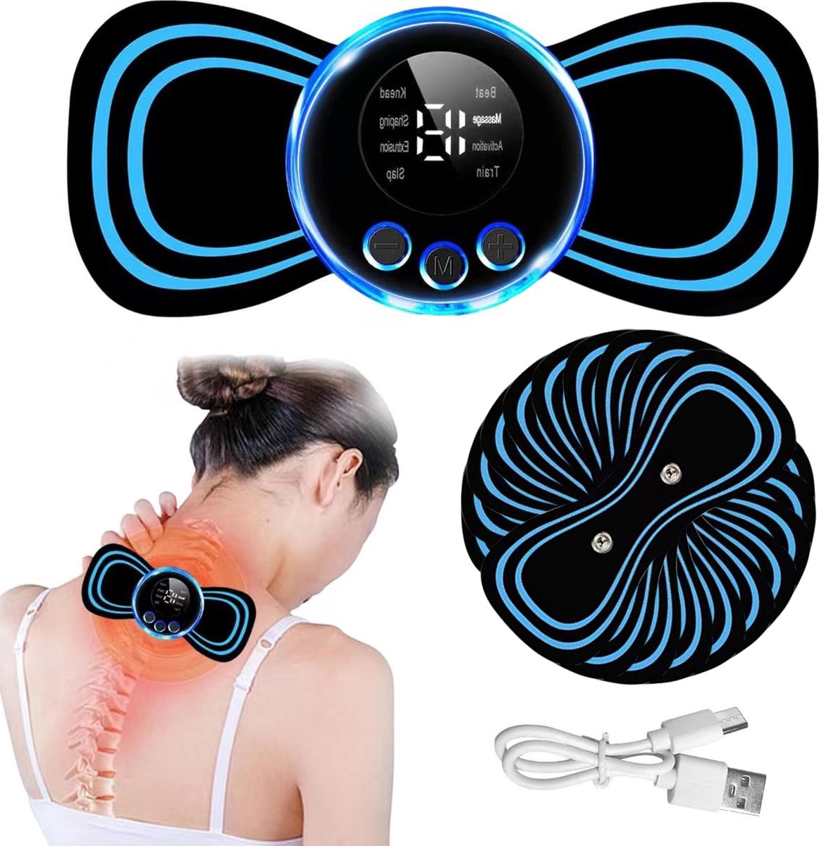 EMS Massage Apparaat-massage- TENS -10Stuks- Spierstimulatie - Stimuleert Bloedsomloop - Geschikt voor Rug, Armen en Benen - Draadloos - 54 standen - Zwart/Blauw