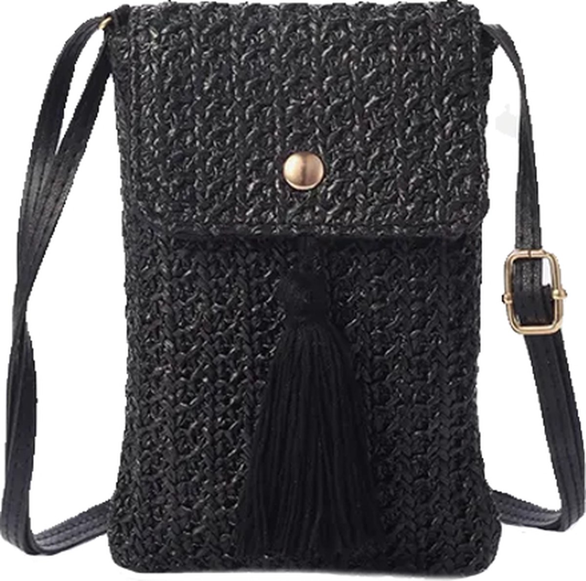 Tassle Telefoon Tasje - Zwart | 18 x 12 cm | Stro / Rotan - Polyester | Fashion Favorite