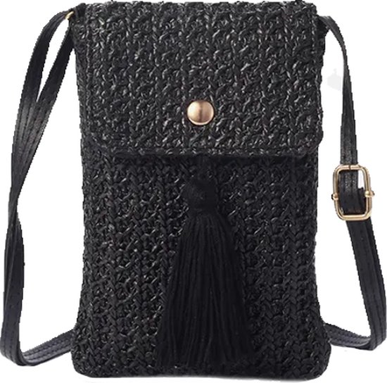 Foto: Tassle telefoon tasje zwart 18 x 12 cm stro rotan polyester fashion favorite