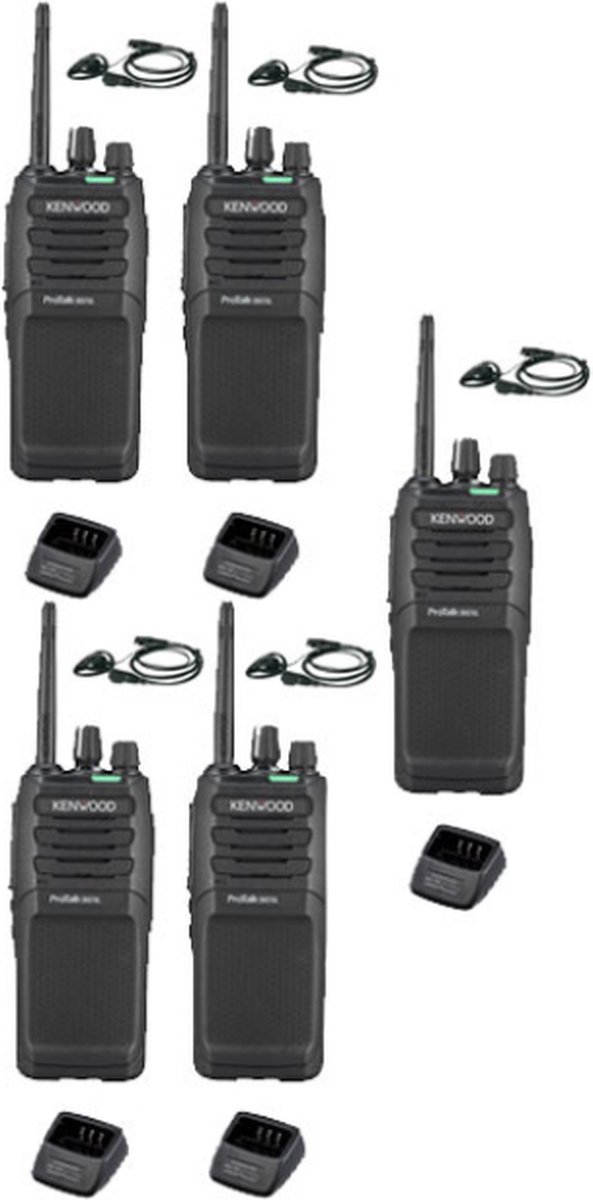 Set van 5 Kenwood TK-3701D IP55 Portofoon met D-shape oortje en tafellader