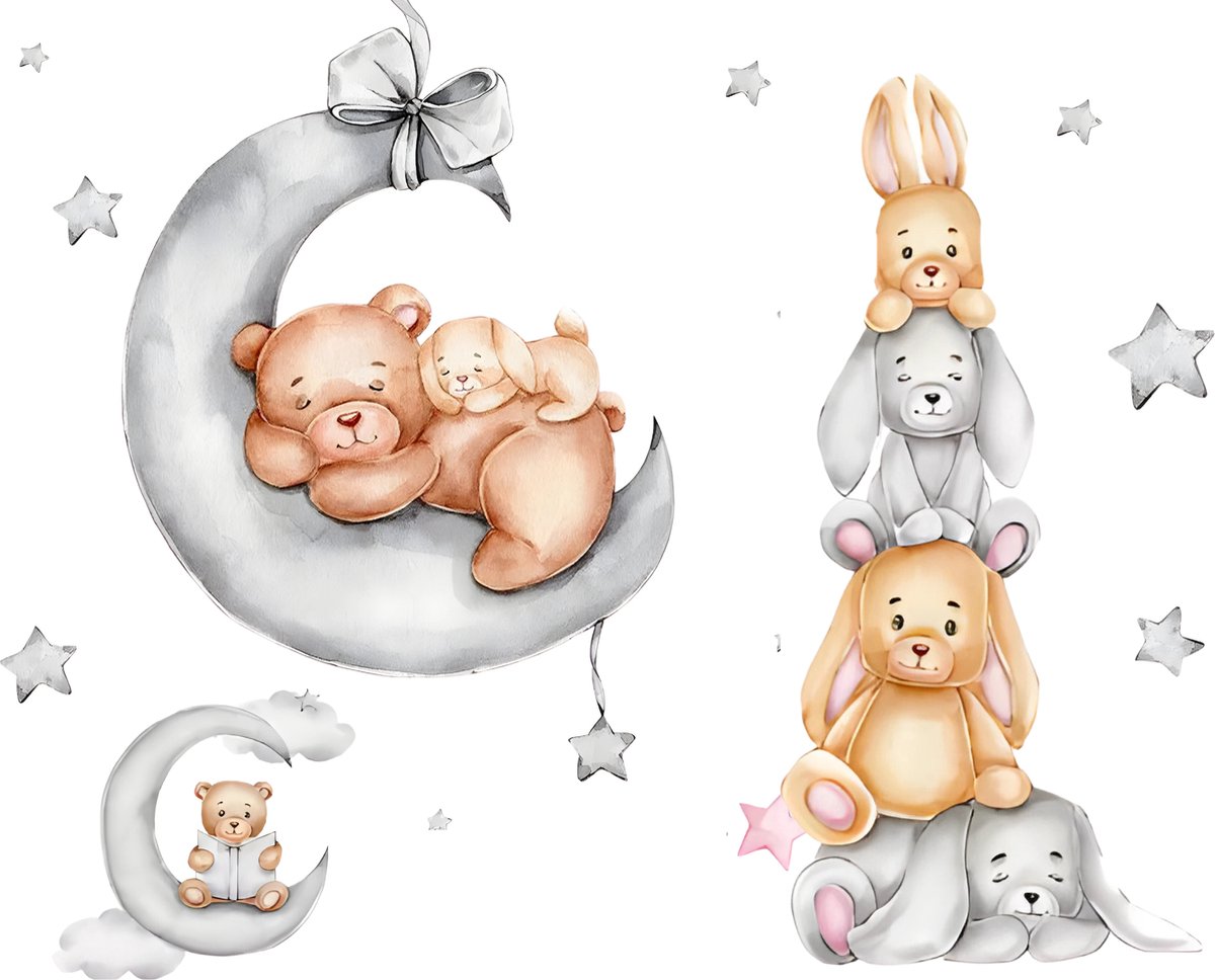 Muurstickers Kinderkamer + Digitale download poster - Beertje op de Maan - Wanddecoratie - Babykamer - Sterren - Sinterklaas - Kerst - Cadeau - Herbruikbaar - Ook geschikt voor deur of raam