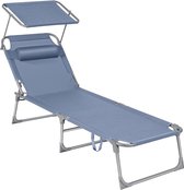 SONGMICS Ligstoel, inklapbare ligstoel, 53 x 193 x 29 cm, tot 150 kg belastbaar, zonwering, hoofdsteun, verstelbare rugleuning, tuin, zwembad, terras, blauw