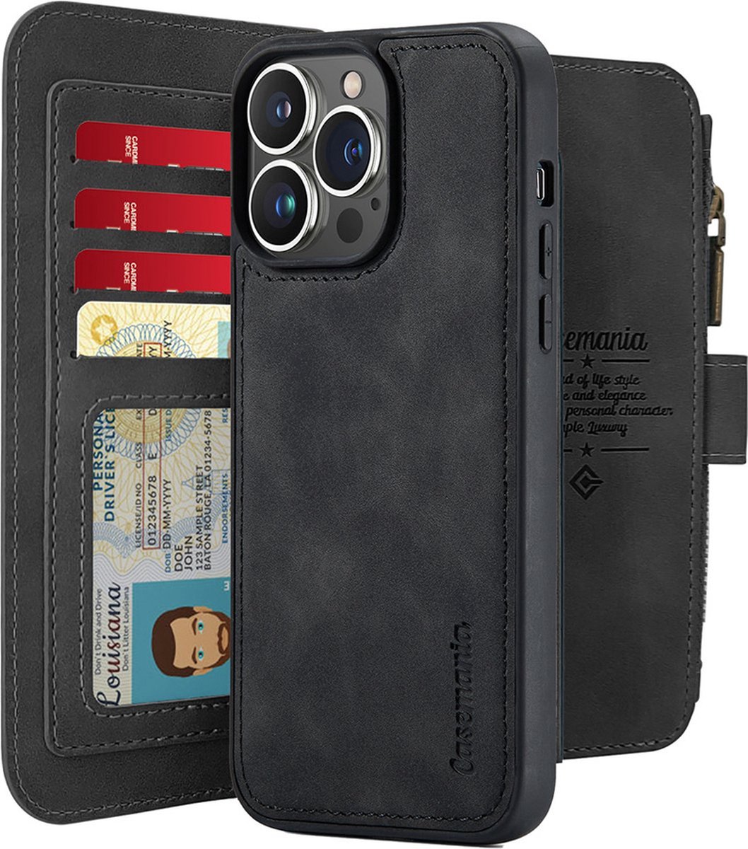 CaseMania Bookcase hoesje geschikt voor iPhone 15 Pro - Effen Zwart - Kunstleer - Portemonnee met 14 Vakjes voor Pasjes en Ritsvak