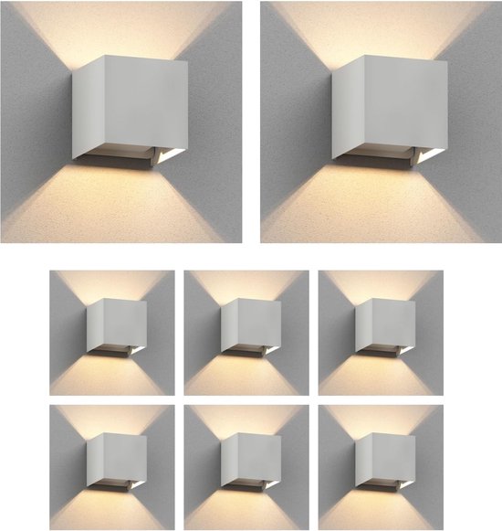 8 x CUBEL wandlamp voor buiten, IP65, up/downlight, mat wit, hoekig, 1x G9 max. 10W