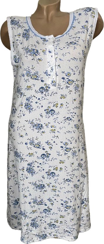Dames nachthemd mouwloos 6537 bloemenprint XL wit/blauw
