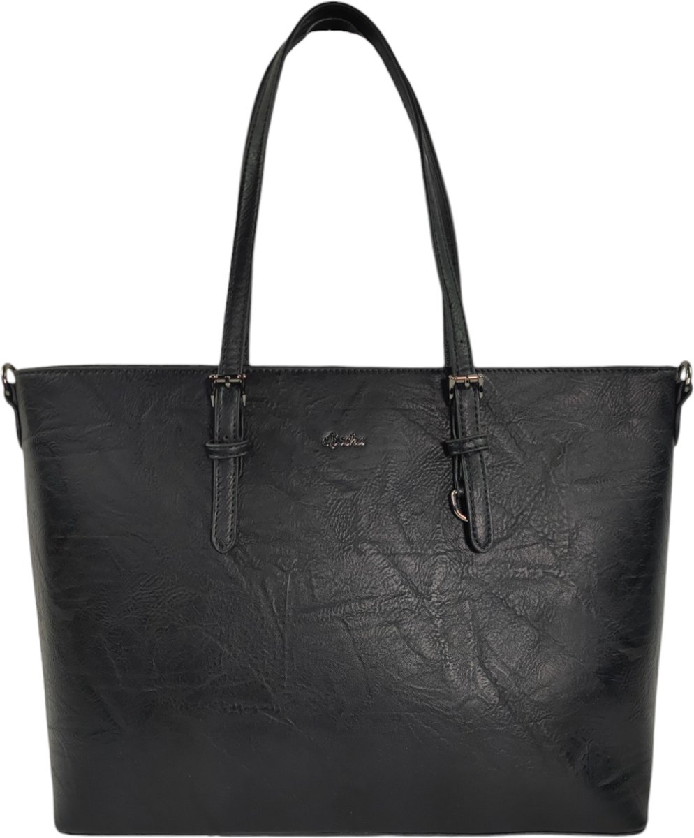 Qischa® - Grote schoudertas - handtas - luxe Skai leder - geschikt voor A4 map/laptop. Extra hoog. Ideaal te gebruiken voor school of werk - zwart