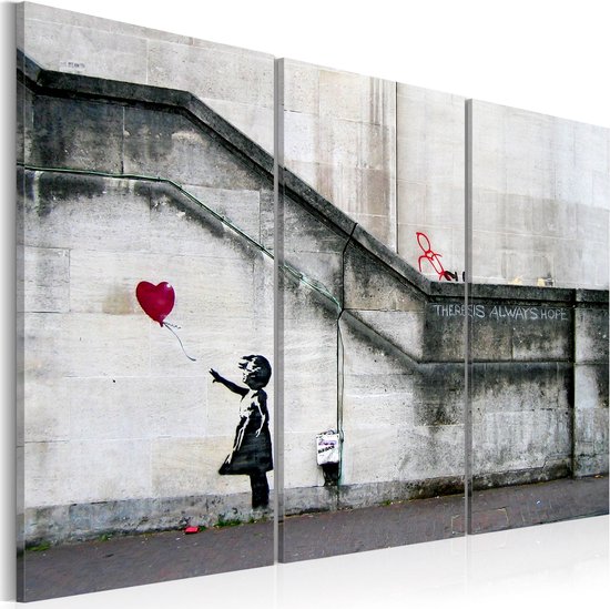 Schilderij - Meisje met ballon - Banksy , rode ballon , 3 luik , zwart wit, Hope, print op echt Italiaans canvas, Wanddecoratie