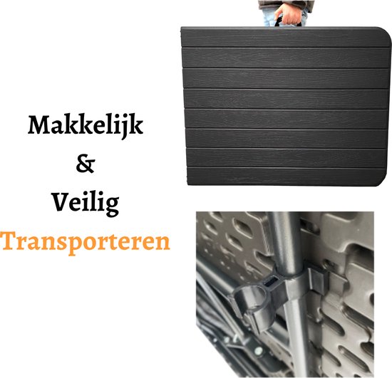 Grijze klaptafel met houtnerfstructuur, tekst 'Makkelijk & Veilig Transporteren'. Onderkant met kliksluitingen.