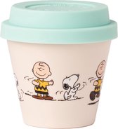 Quy Cup - 90ml Ecologische Reis Beker - Espressobeker "Peanuts Snoopy 8 Dancing” met licht blauw Siliconen deksel 7x7x7cm
