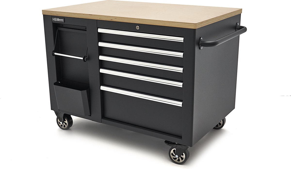 Verrijdbare Gereedschapswagen Werkbank 114 cm met houten werkblad zwart Werkstation