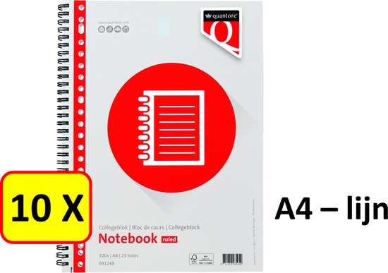 Quantore A4 gelijnd notitieboek met rode cirkel en 10X logo, 100 vel, 23 gaten.