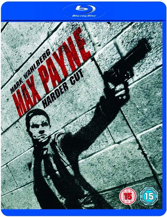 Cover van Blu-ray Max Payne Harder Cut met Mark Wahlberg in silhouet, gewapend voor een grijze stenen muur.
