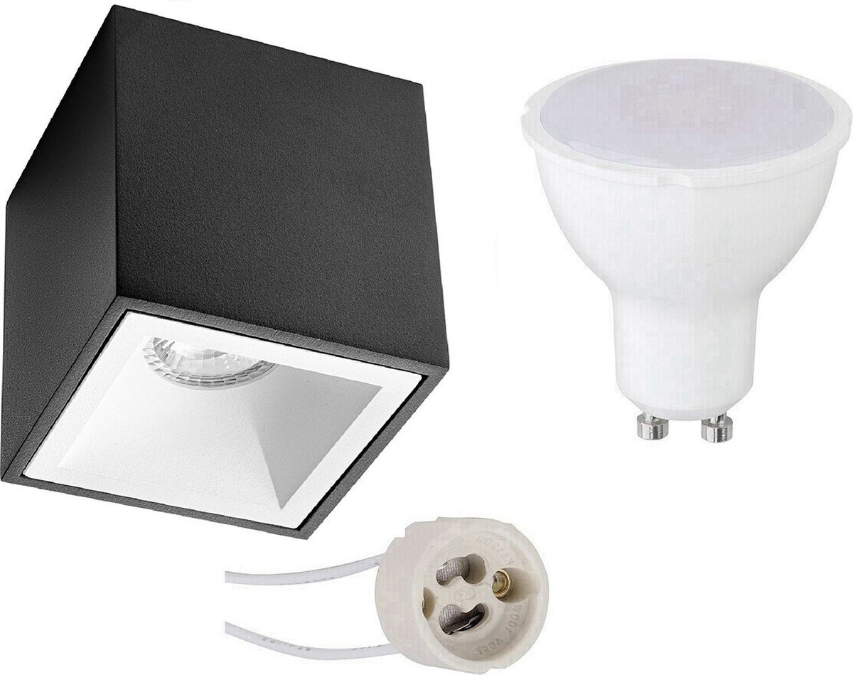Opbouwspot Set - Pragmi Cliron Pro - GU10 Fitting - Opbouw Vierkant - Mat Zwart/Wit - 4W - Warm Wit 3000K - Verdiept - 90mm