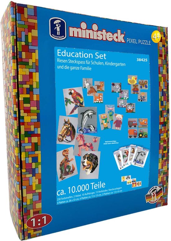 Box met Ministeck Education Set: Riesen Steckspass. Met ca. 10.000 onderdelen voor het maken van diverse afbeeldingen, zoals dieren, voertuigen en poppetjes.