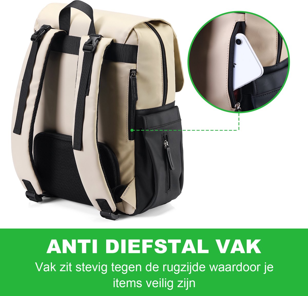 Brisby slijtvaste Luiertas – verzorgingstas - Two Tone Creme en Zwart PU - Inclusief Verschoonmatje - Isoleervakken - Met Geïntegreerde Kinderwagen haken thumbnail 3