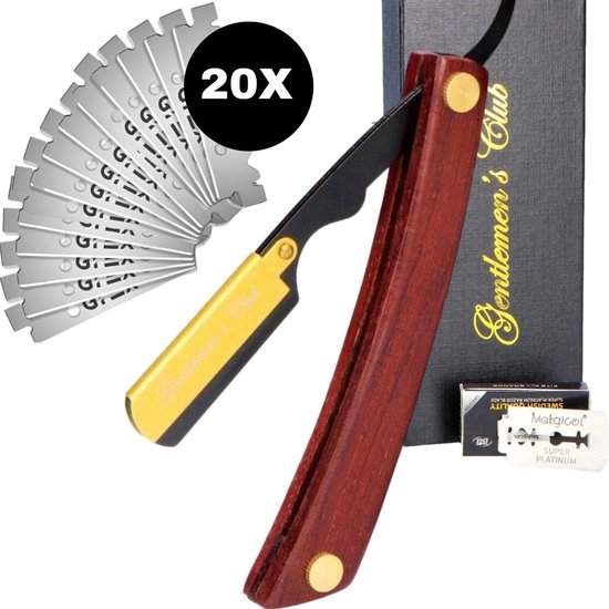 Shavette open scheermes met 20 scheermesjes - Straight Razor Kappersmes - Barbiersmes - Cut throat razor Nekmes - Klassiek klap scheermes - Safety razor Feather mes | Gentlemen's Club