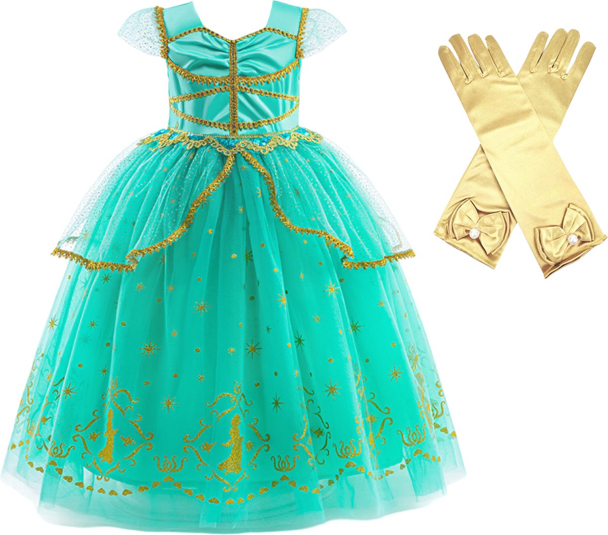 Prinsessenjurk meisje - verkleedjurk - verkleedkleren meisje - 98/104 - Carnavalskleding kind - verkleedkleren - Handschoenen - Mintgroen