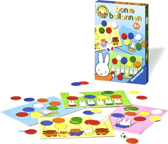 Doos en onderdelen van het spel "Bonte ballonnen" met Nijntje.