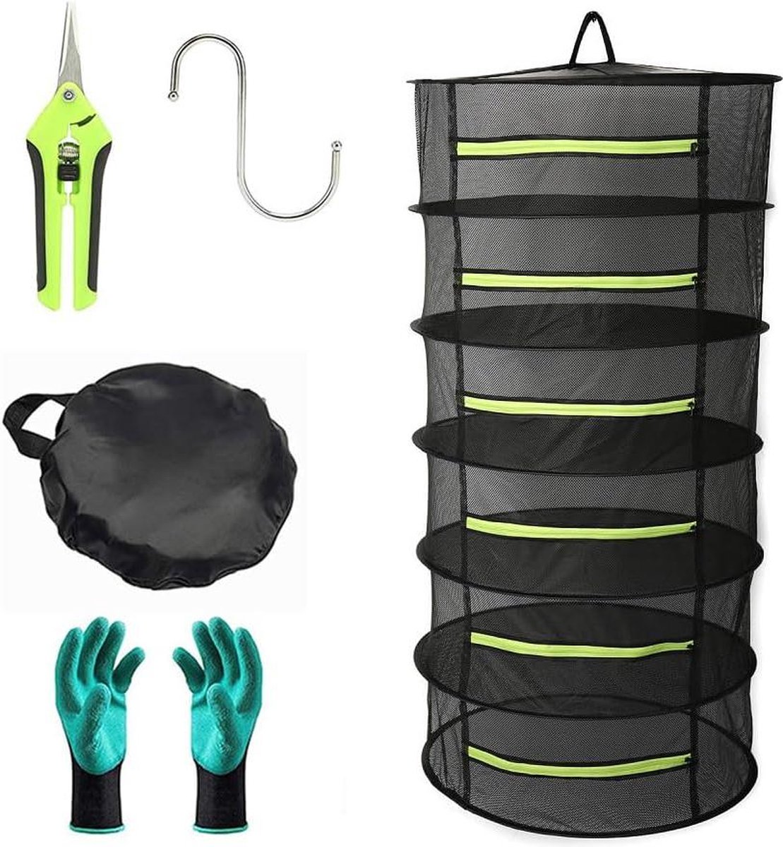 Goedkoopste Hangend kruiden droogrek 2ft - Plantendrogernet met inklapbare gaasbakken (6 lagen) - Zwart droogcarrousel