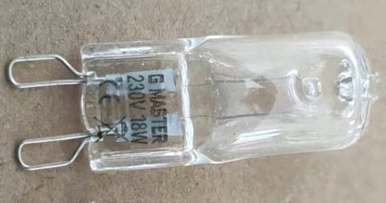 G Master G9 halogeenlamp, 230V 18W, met metalen contactpunten.