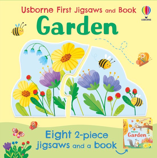 Usborne First Jigsaws and Book: Garden. Acht 2-delige legpuzzels en een boek met bloemen, bijen en vlinders.