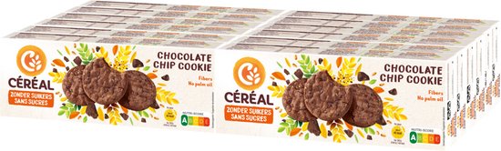 Verpakking met Céréal Chocolate Chip Cookies, zonder suikers, met stukjes chocolade en bladeren.