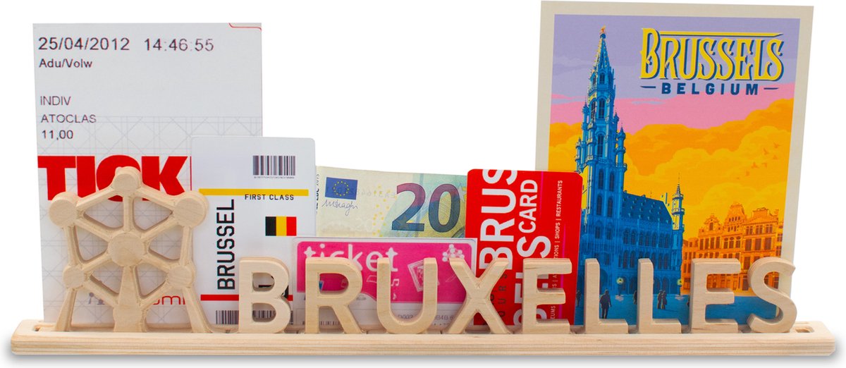 Bruxelles, houten Letter standaard Souvenir met Atomium: kan gepersonaliseerd worden met fotos en tickets