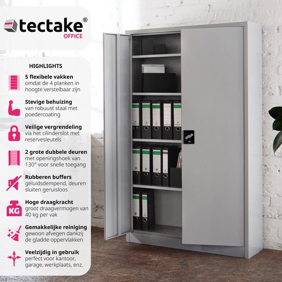 tectake Archiefkast Cosmo met 2 lades 180x80x40cm, Lichtgrijs | Leen Bakker