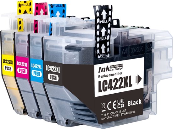 Set van 4 Brother LC422XL inktcartridges: zwart, cyaan, magenta, geel. Met 'PUSH' en 'PULL' labels.