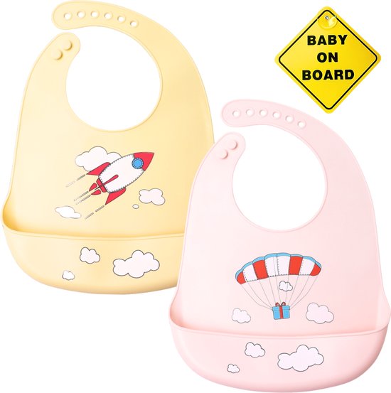 Bavoir en Siliconen Flouer avec plateau 2 pièces avec autocollant Bébé à bord - bavoir - bavoirs Bébé - bavoir - Bavoirs Bébé - sans BPA - kaki et rose