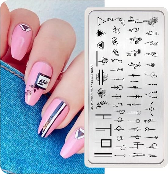 Nagelstempelplaat met geometrische vormen en bloemmotieven.