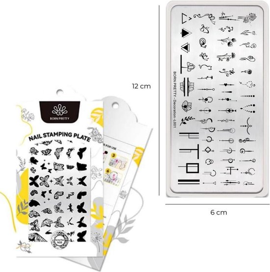 Set van 3 nagelstempelplaten, met vlinders, bloemen en geometrische patronen.