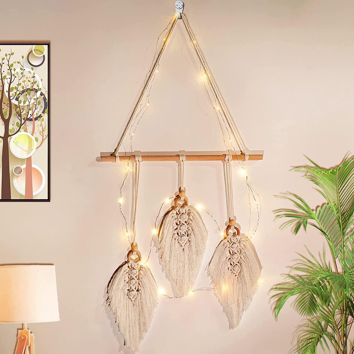 Macramé wandtapijt, boho-decoratie, chic, handgeweven boho-wanddecoratie, voor buiten, woonkamer, slaapkamer, binnen, kerstcadeaus, met 3 m led-lichtketting, ivoor