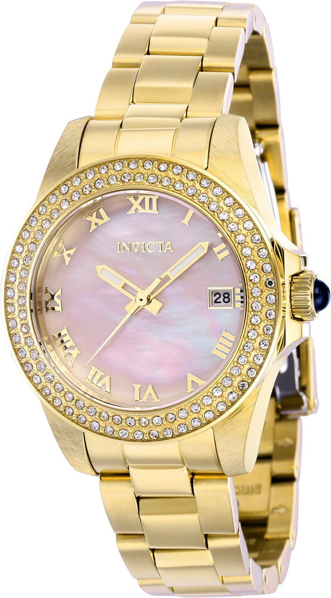 Invicta Angel 41551 Dames Horloge - Waterdicht - Analoog - Quartz Uurwerk - Roestvrij Staal met roze Wijzerplaat - 34mm