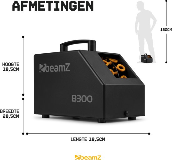 Afmetingen van de zwarte bellenblaasmachine BeamZ B300: hoogte 18,5cm, breedte 28,5cm, lengte 16,5cm. Vergeleken met een staande figuur van 180cm.