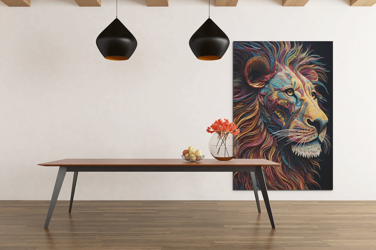 Trendex Global Canvas Schilderij Dieren - Kleurrijke Leeuw - Portret - 120x80x2 cm