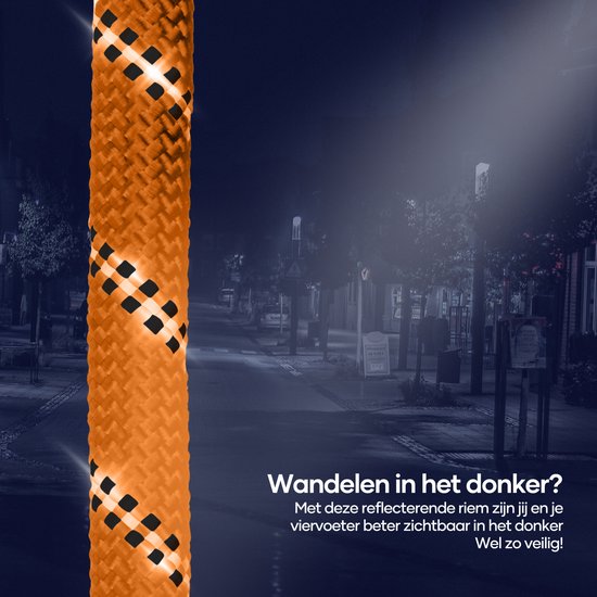 Gedetailleerde opname van een reflecterende oranje hondenriem met zwart patroon.