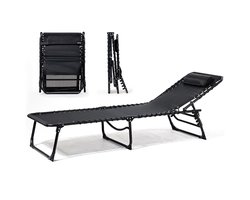 Goliving Ligbed - 5 Standen - 188 x 56 x 29 cm - Inklapbaar Zonnebed - Opvouwbaar Strandbed - Ligstoel Tuin - Inclusief Hoofdkussen - Verstelbare Rugleuning - Zwart