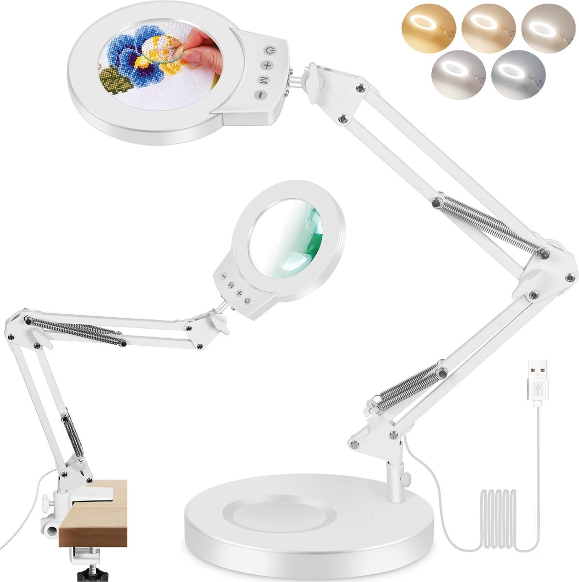 Lampen District® - Loeplamp met led verlichting - 5x vergrootglas met klem & voet - 5 kleurmodus met touch - verlicht vergrootglas voor lezen, knutselen en hobby