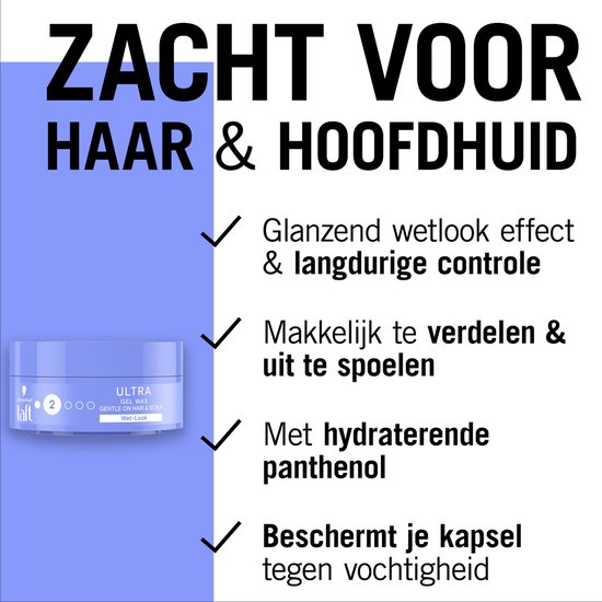 Blauwe pot Taft Ultra Gel Wax met tekst over glanzend natlook effect en zacht voor haar & hoofdhuid.