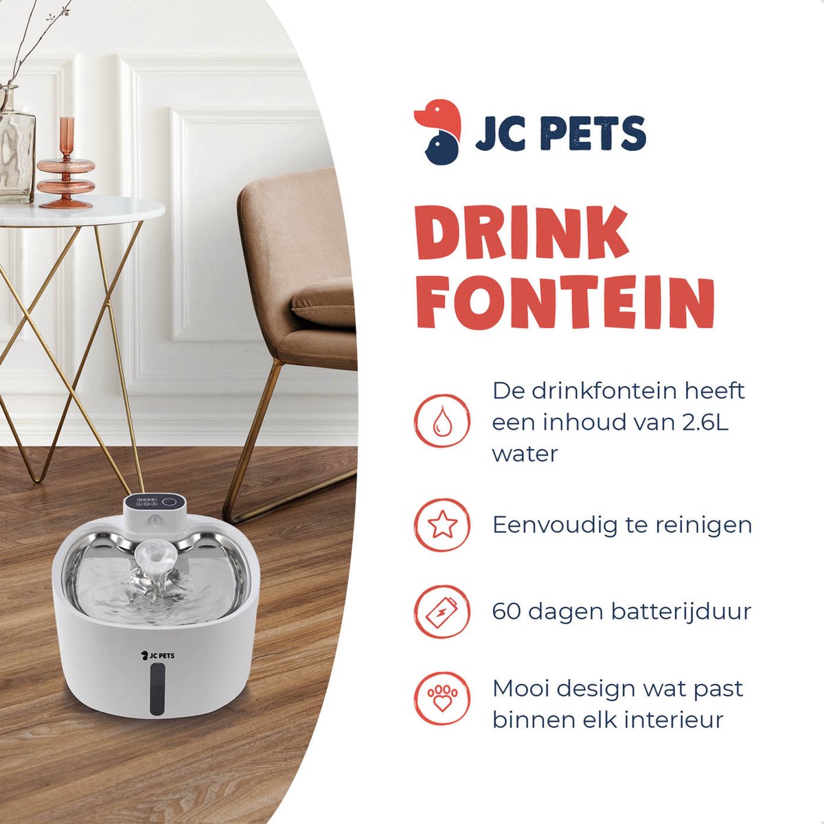 JC Pets Premium Drinkfontein voor Kat en Hond - Draadloze Waterfontein met Sensor - Katten Fontein - Waterbak Automatisch - RVS - Fluisterstil - Inclusief 3 filters - Wit thumbnail 4