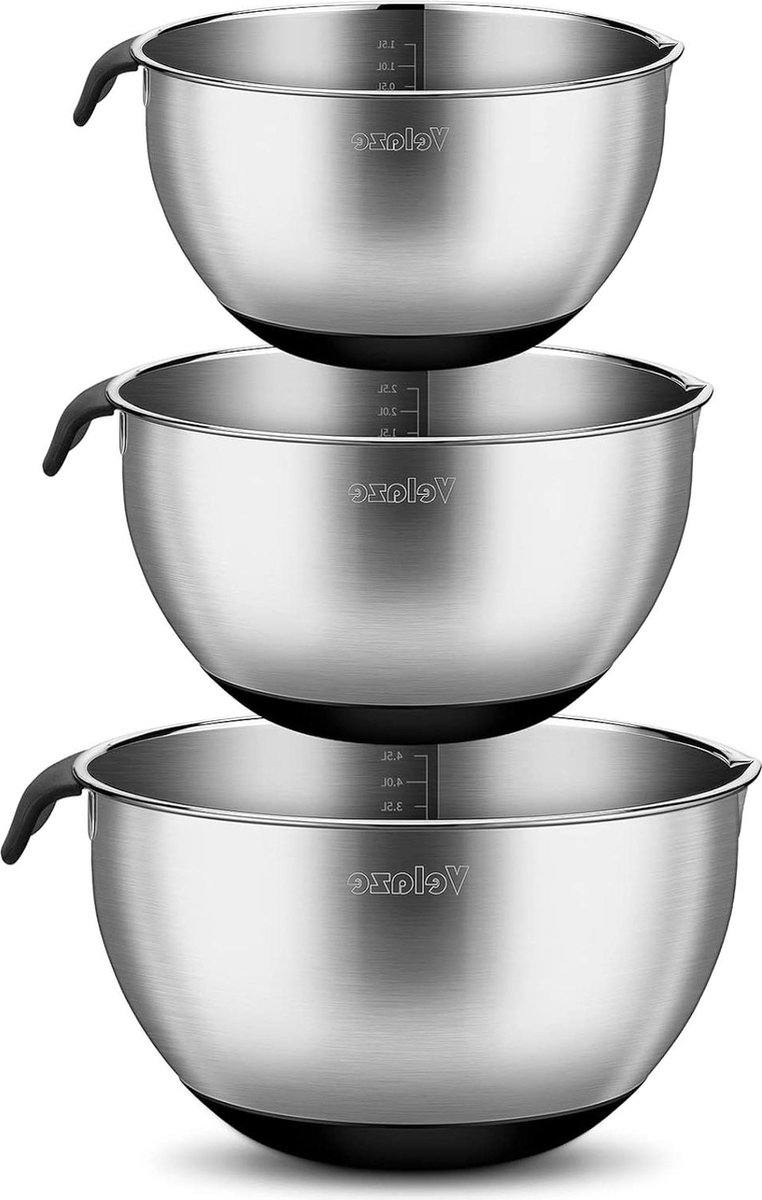 Mengkommen Set van 3 Roestvrijstalen Saladeschalen met Handvat Voor Granen Met Schaalverdeling Antislip Siliconen Bodem