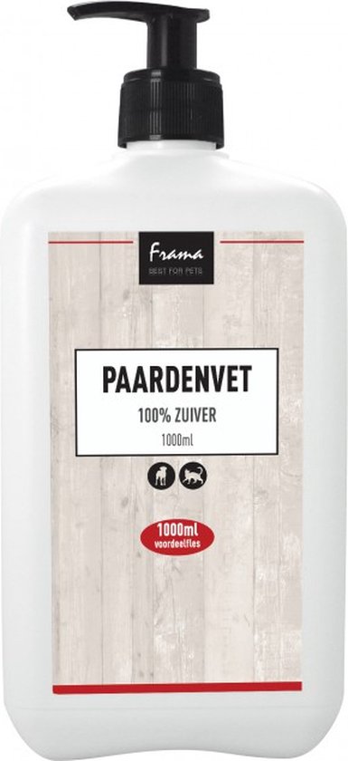 Frama paardenvet, 1000 ml pompflacon met wit etiket met houtmotief en rode lijnen. Geeft 100% puur aan.