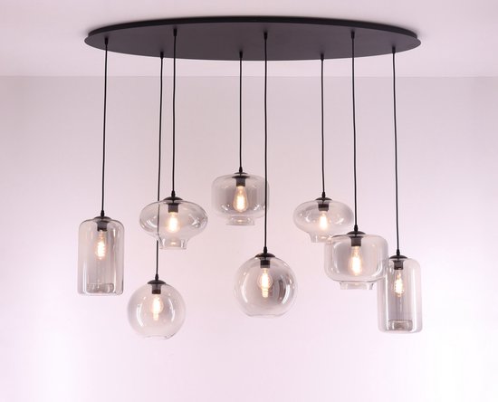 Hanglamp ovaal Grey - getint grijs glas - 8lichts 140cm