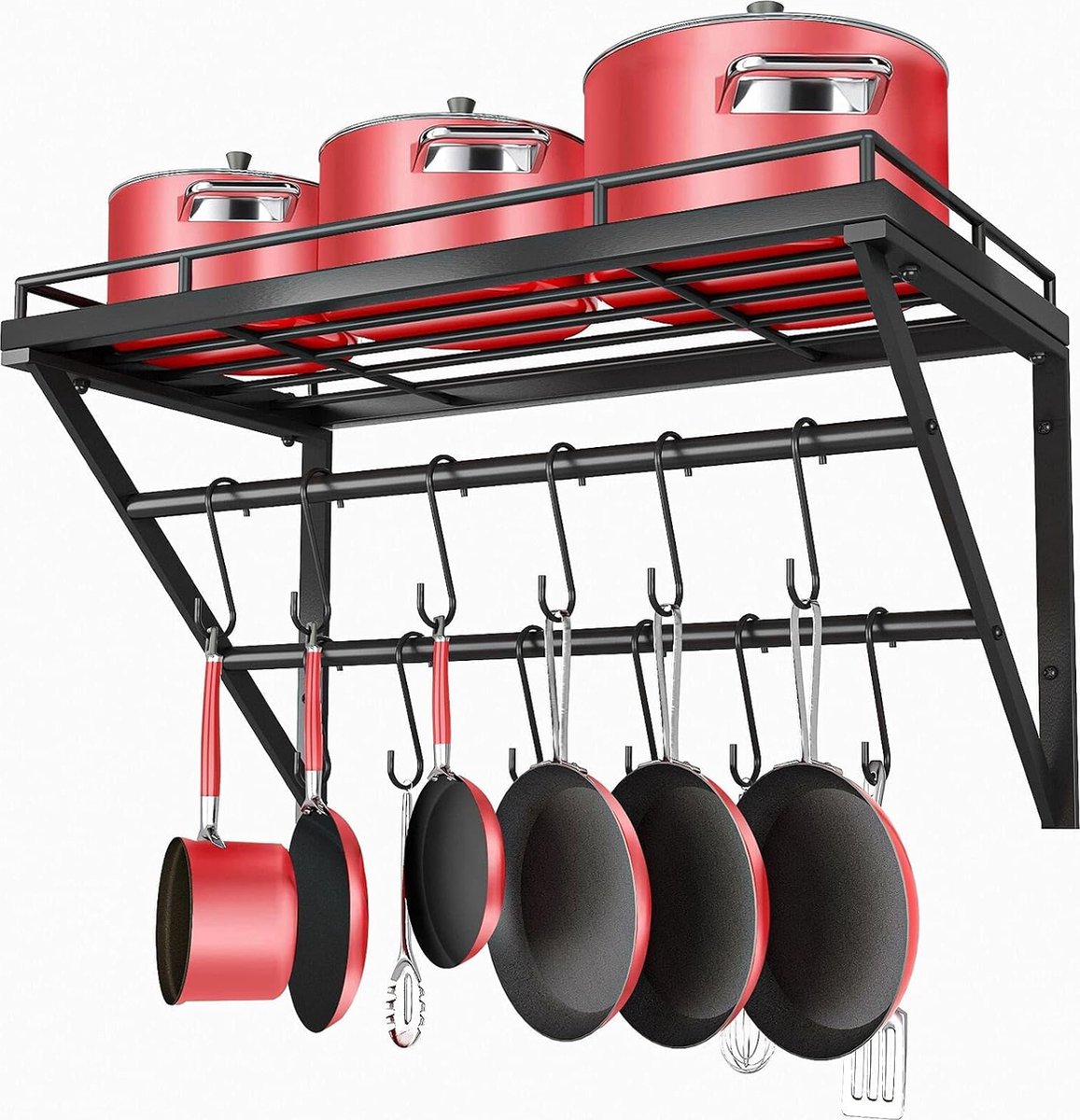 Pannenrekken 60cm Metalen Wandmontage Pannenplank Keukenrek Organizer met 2 Rails 12 Haken