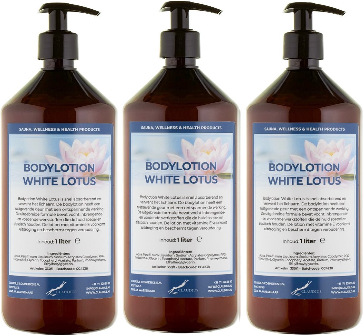 Goedkoopste Bodylotion White Lotus 1 Liter - met gratis pomp - set van 3 stuks