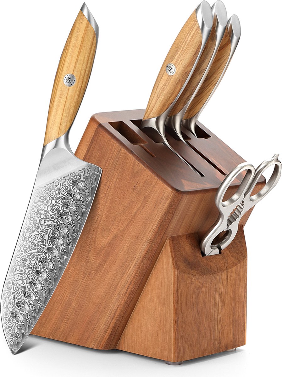 Hezhen X01 Flagship Series – Professionele Messenset (6-delig) - Damascus staal (73 laags met poederstalen kern van 14Cr14MoVNb) – Olijfhouten handvaten en acaciahouten messenblok - Vlijmscherpe damastmessen - Inclusief mooie geschenkdoos