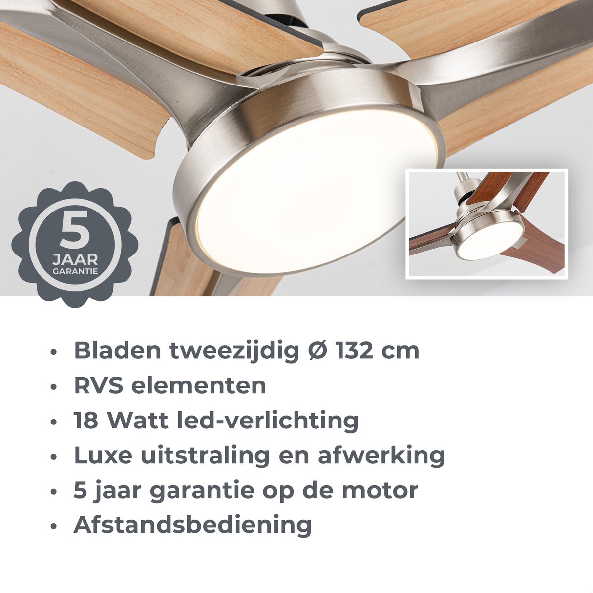 Goedewaere Plafondventilator - Met Afstandsbediening - Zilver - 2 Kleuren Bladen - Met lamp - Fluisterstil - Timer - Ideaal voor slaapkamer - Ventilator plafond - Verlichting - Plafondlamp thumbnail 4