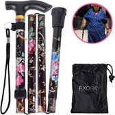 EXOKSY Wandelstok bloemen print - Verstelbaar en Opvouwbaar - Zwart - Incl. Opbergtas - Hiking - Nordic - Loopstok Ouderen