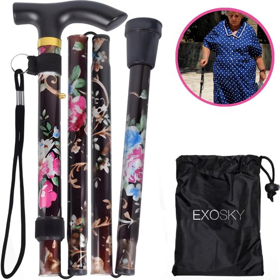 EXOKSY Wandelstok bloemen print - Verstelbaar en Opvouwbaar - Bruin - Incl. Opbergtas - Hiking - Nordic - Loopstok Ouderen